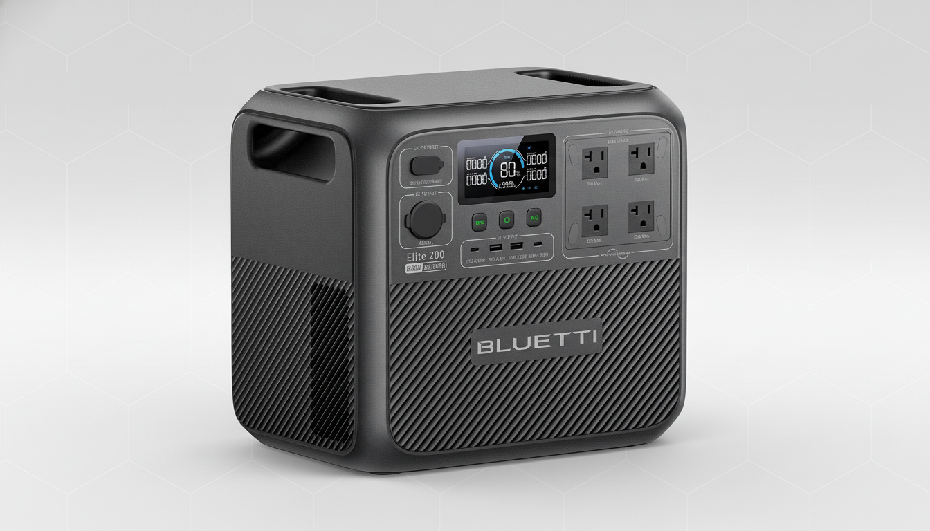 A Bluetti Elite 200 portable power station, dark gray with a digital display showing 80% charge, is presented on a clean, light gray background with a subtle gradient.