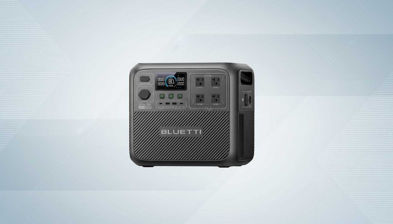 A Bluetti Elite 200 portable power station with a digital display showing 80% charge, set against a professional flat design background with soft patterns.