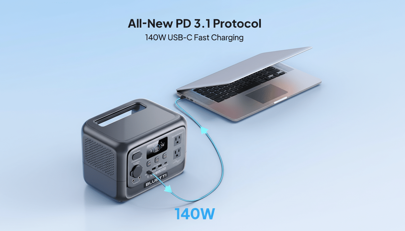 A Blu etti portable power station charging a laptop via a USB -C cable , highlighting All-New PD 3.1 Protocol 14 0W USB- C Fast Charging.