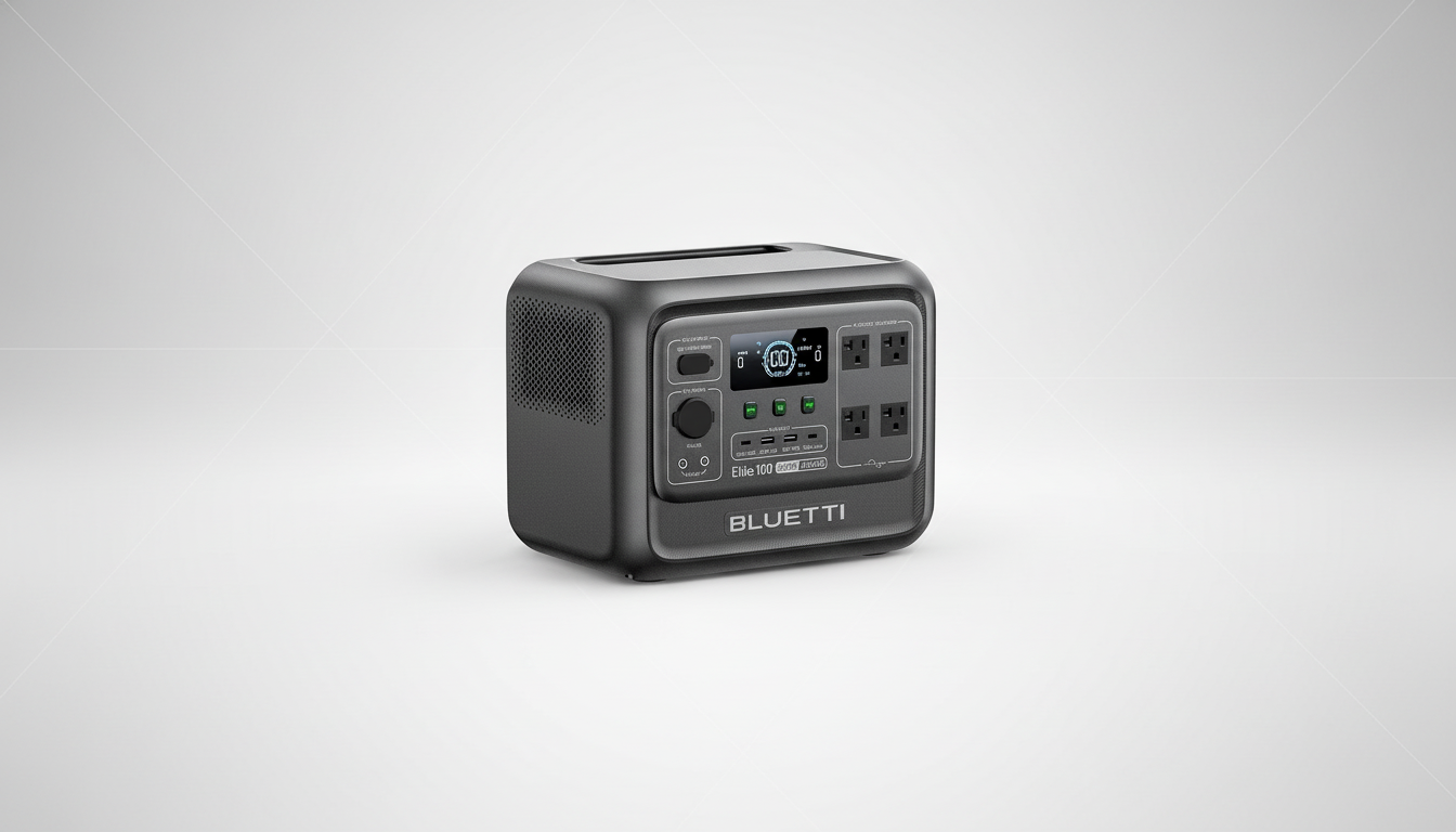 A dark gray portable power station with multiple outlets and a digital display, set against a professional light gray background with subtle gradient.
