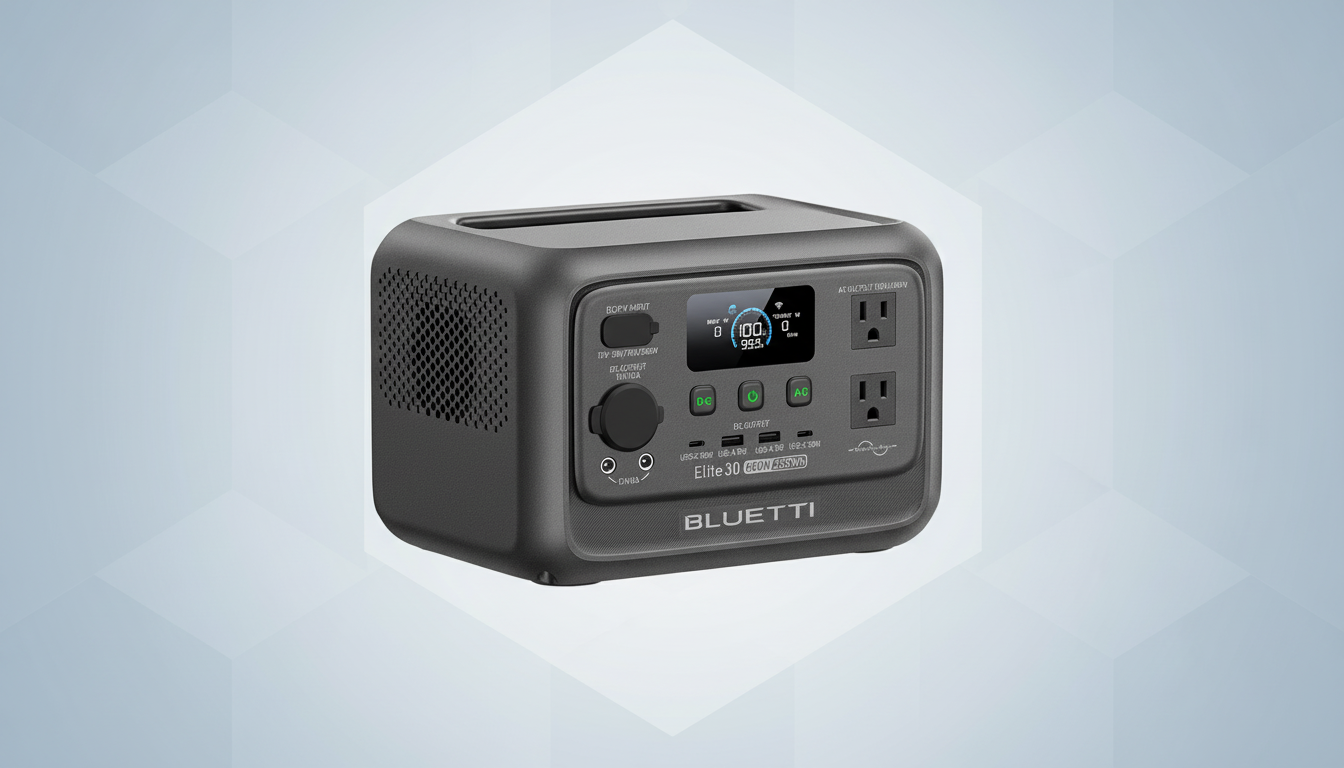 A Bluetti Elite 30 600W 288Wh portable power station, dark gray with a digital display and various ports, set against a professional flat design background with soft geometric patterns.