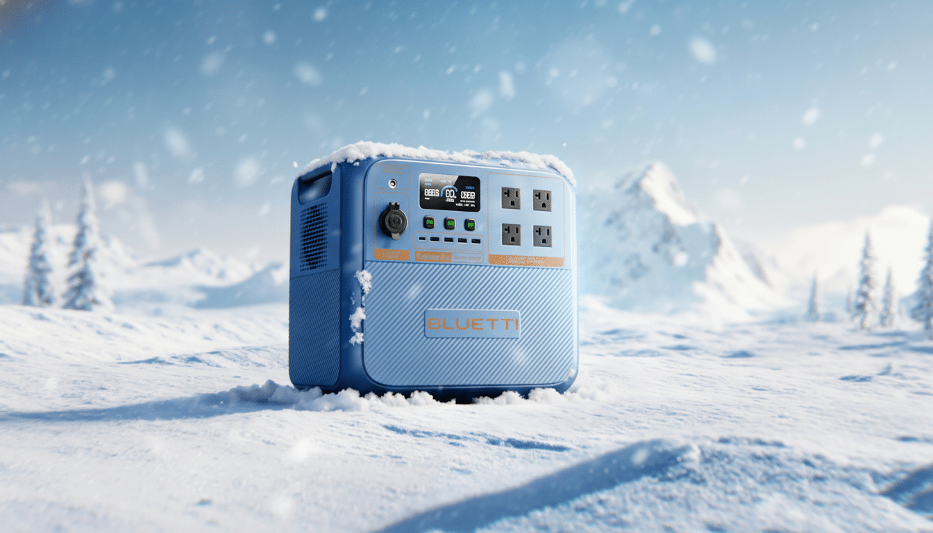 A blue Bluetti portable power station sitting in a snowy, mountainous landscape .