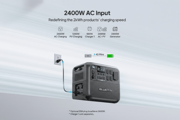 A professional image of a BL UETTI portable power station with a 2 400W AC input, showing it charging from a wall outlet. The image highlights its fast charging capabilities and various power input options. Filename : bluetti powerstation 2400 wac input.png