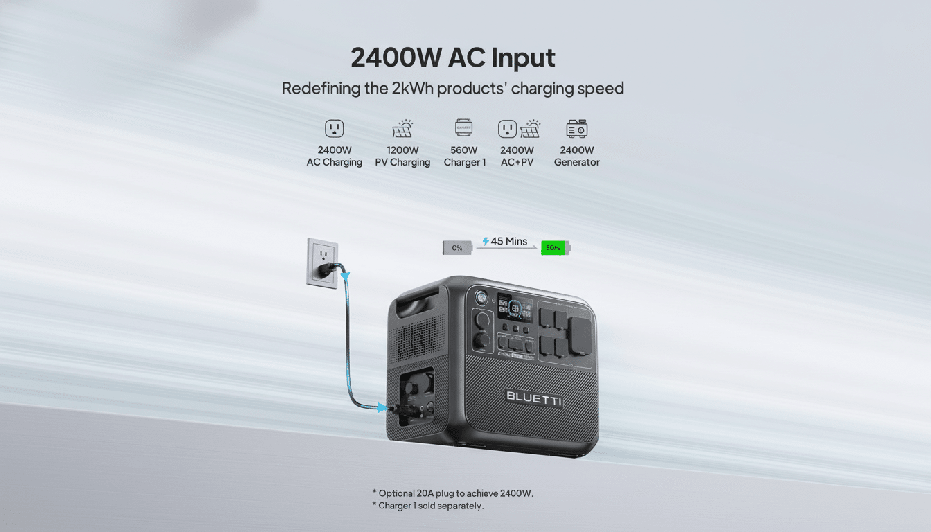 A professional image of a BL UETTI portable power station with a 2 400W AC input, showing it charging from a wall outlet. The image highlights its fast charging capabilities and various power input options. Filename : bluetti powerstation 2400 wac input.png