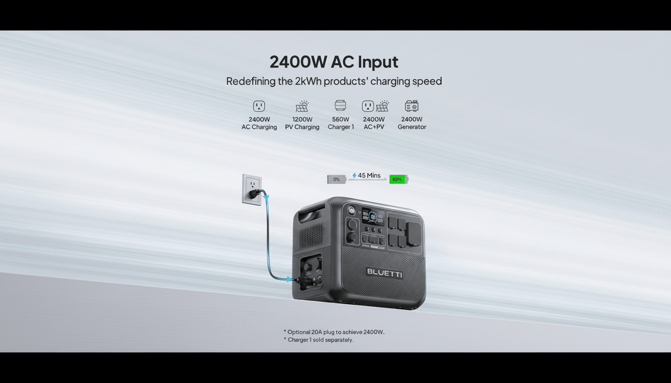 A professional image of a BL UETTI portable power station with a 2 400W AC input, showing it charging from a wall outlet and indicating  45 Mins  to reach 80% charge .