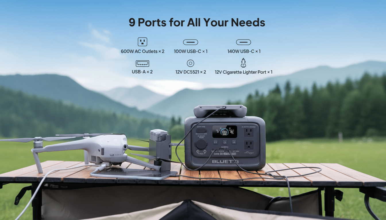 A grey portable power station on a wooden table outdoors , connected to a drone. Text above describes its 9 ports .