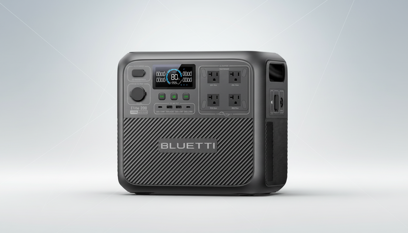 A professional, enhanced image of a dark gray Bluetti portable power station, featuring multiple outlets and a digital display, set against a clean, light gray gradient background.
