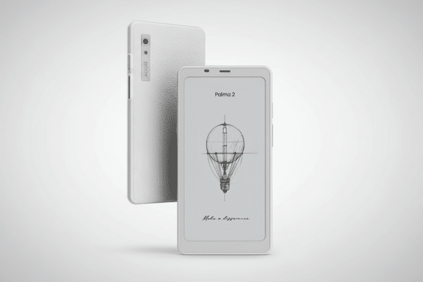 A professional shot of a white BO OX Palma 2 e-reader with a technical drawing of a lightbulb and hot air balloon on its screen, set against a clean , flat gray background. Another BO OX device is subtly visible behind it.