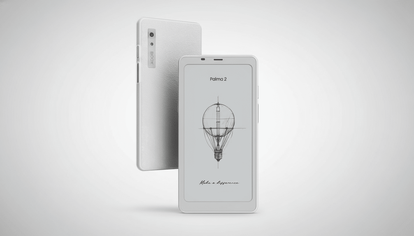 A professional shot of a white BO OX Palma 2 e-reader with a technical drawing of a lightbulb and hot air balloon on its screen, set against a clean , flat gray background. Another BO OX device is subtly visible behind it.