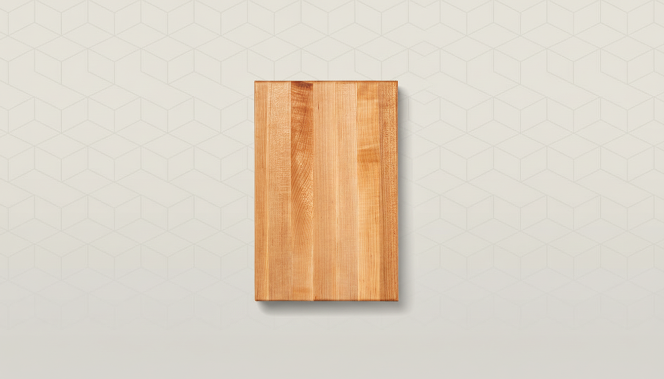 A light wooden cutting board with visible grain, centered on a professional flat design background with a subtle geometric pattern in a light gray hue.