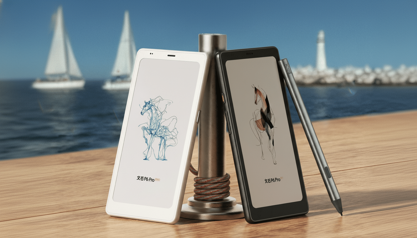 Two e -readers, one white and one black , leaning against a metal post with a stylus next to them , set against a background of sailboats and a lighthouse.