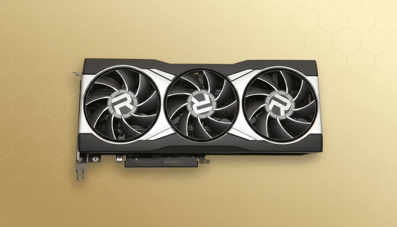 A professional shot of a black and silver graphics card with three fans, set against a subtle golden hexagonal pattern background.