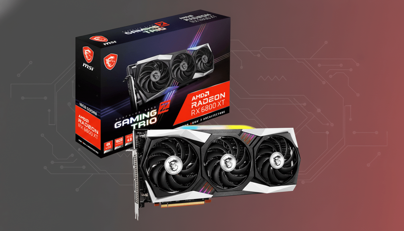 MSI Gaming Z Trio AMD Radeon RX 6 800 XT graphics card with its packaging, presented on a professional flat design background with subtle circuit boar