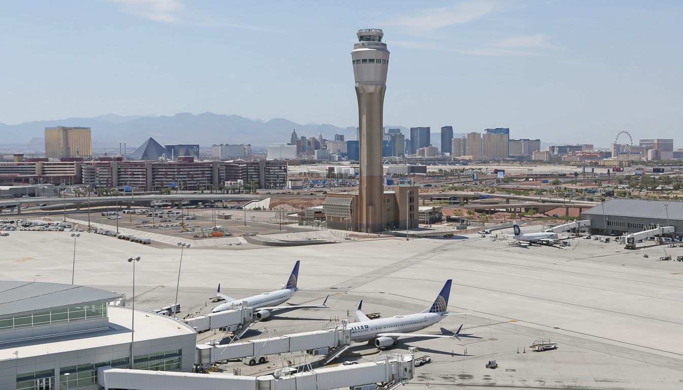 An aerial view of McCarran International Airport in Las Vegas, showing the control tower, several airplanes at gates, and the distant Las Vegas skylin