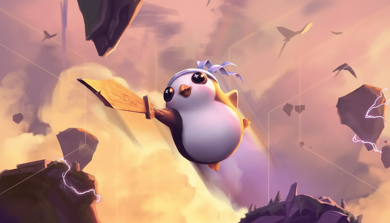 A cute, round, cartoon creature with big eyes and a headband, holding a wooden sword and flying through a fantastical sky with floating islands and so