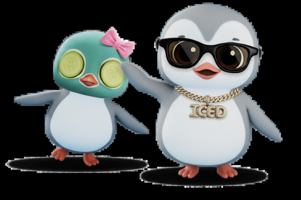 Two cartoon penguins; one wears sunglasses and a gold chain, the other has cucumber slices over its eyes and a pink bow on its head.