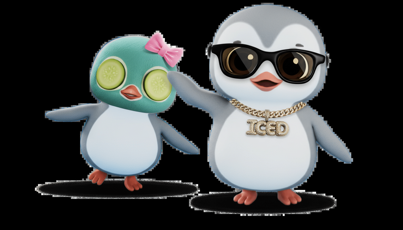 Two cartoon penguins; one wears sunglasses and a gold chain, the other has cucumber slices over its eyes and a pink bow on its head.