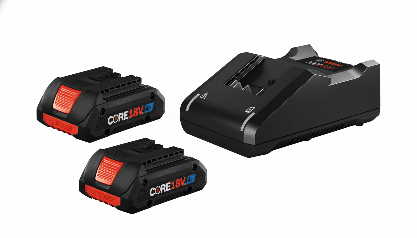 A Bosch CORE18V 4Ah battery and charger set, with two batteries and one charger, presented on a clean white background.