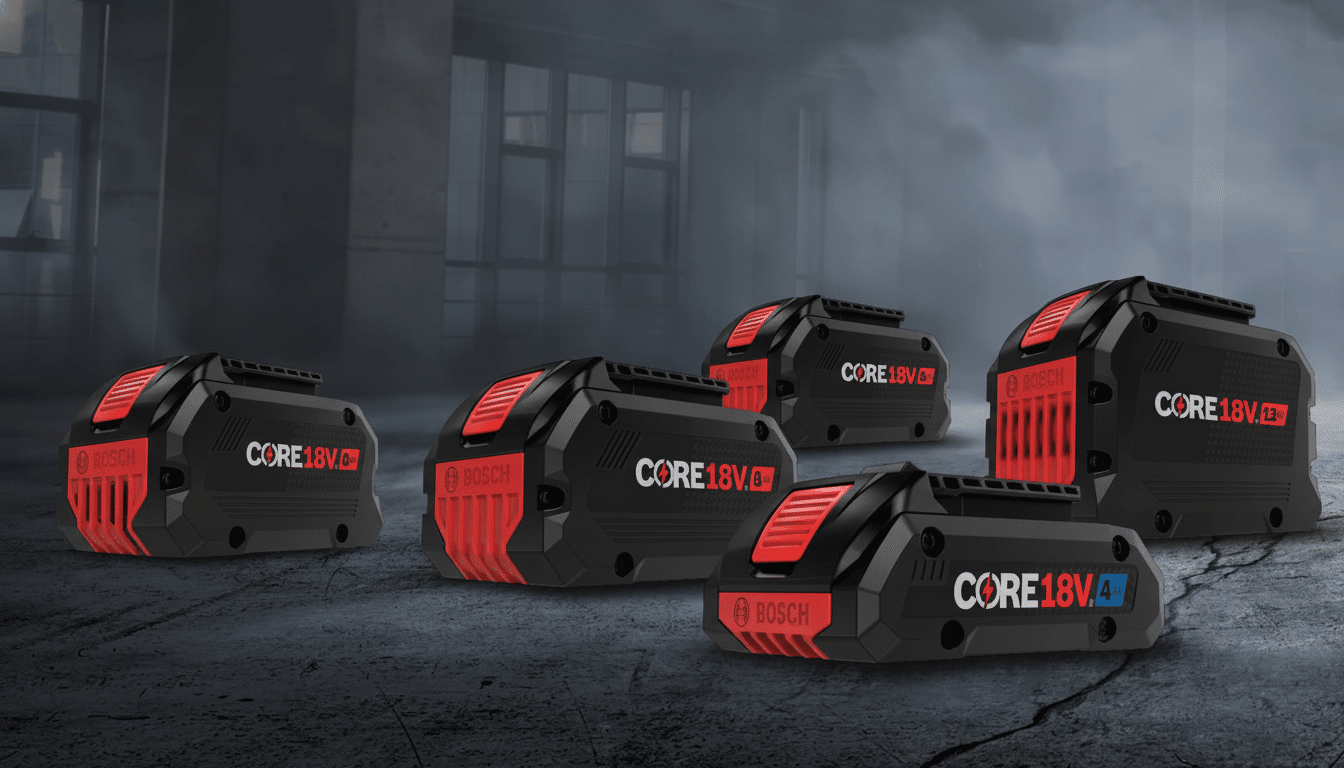 Five Bosch CORE1 8V batteries , featuring red and black casing with white text, are arranged on a dark, textured surface with a blurred industrial background .