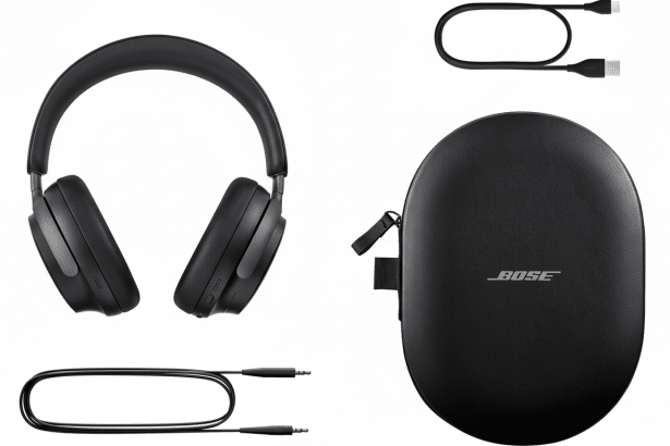 A professional overhead shot of black Bose headphones with their accessories and carrying case, presented on a clean white background.