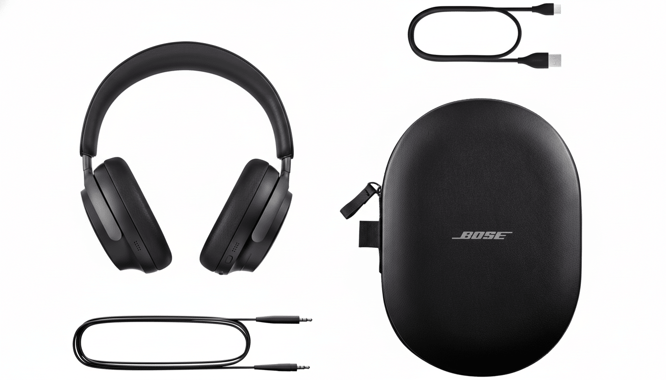 A professional flat lay of black Bose headphones, a carrying case with the Bose logo, a USB-C charging cable, and an audio cable with 3.5mm jacks.