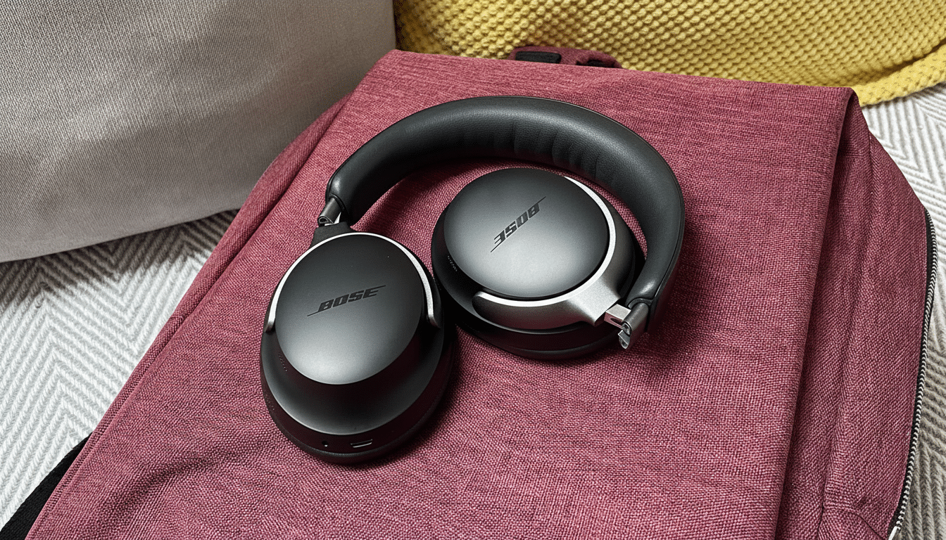 Black Bose noise -cancelling headphones resting on a burgundy backpack.