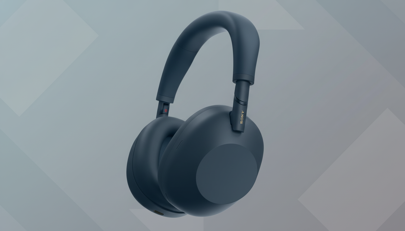 A pair of dark blue Sony WH-1000XM5 headphones on a professional flat design background with soft gray patterns and gradients.