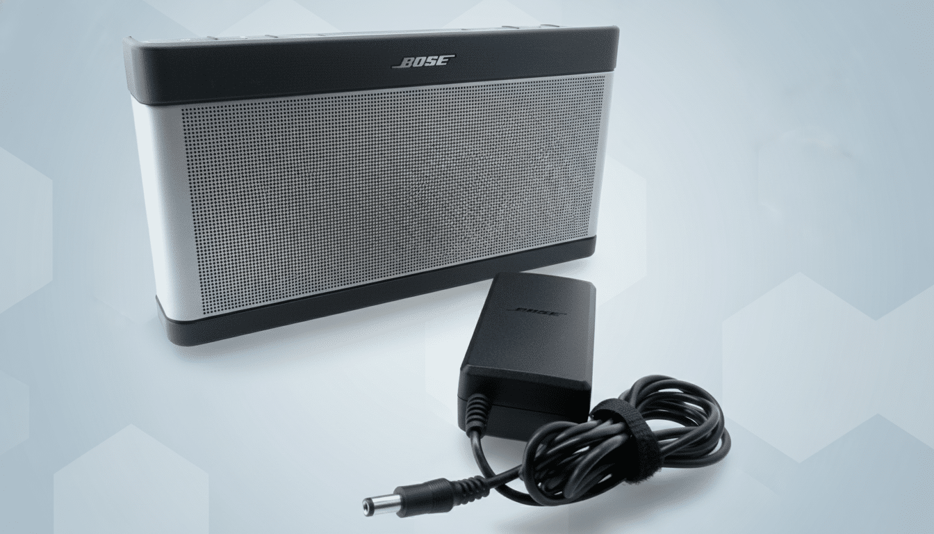 A professional shot of a Bose speaker and its power adapter , set against a soft, subtly patterned blue and white gradient background. Filename : bose speakerand adapter.png