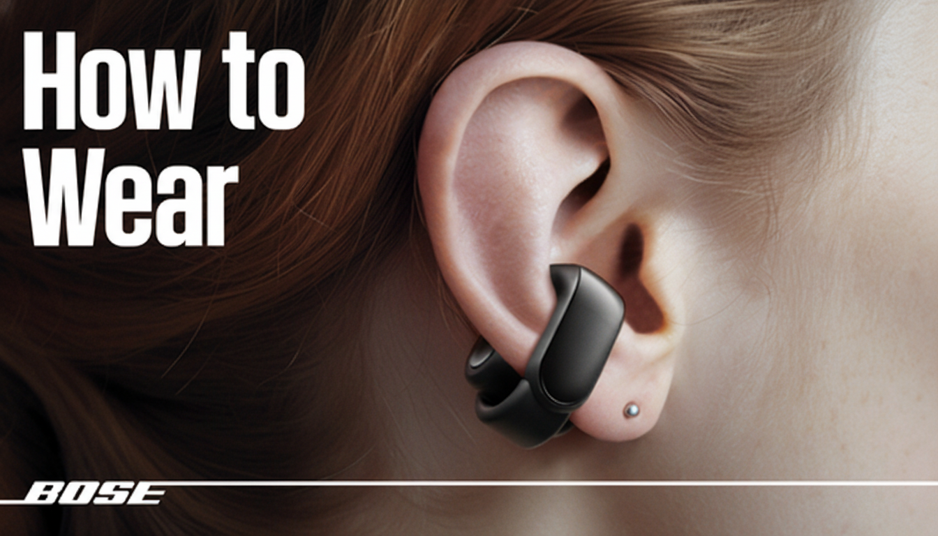 A close-up image of a persons ear with a black Bose earbud inserted, demonstrating How to Wear the device. The Bose logo is visible in the bottom left corner.