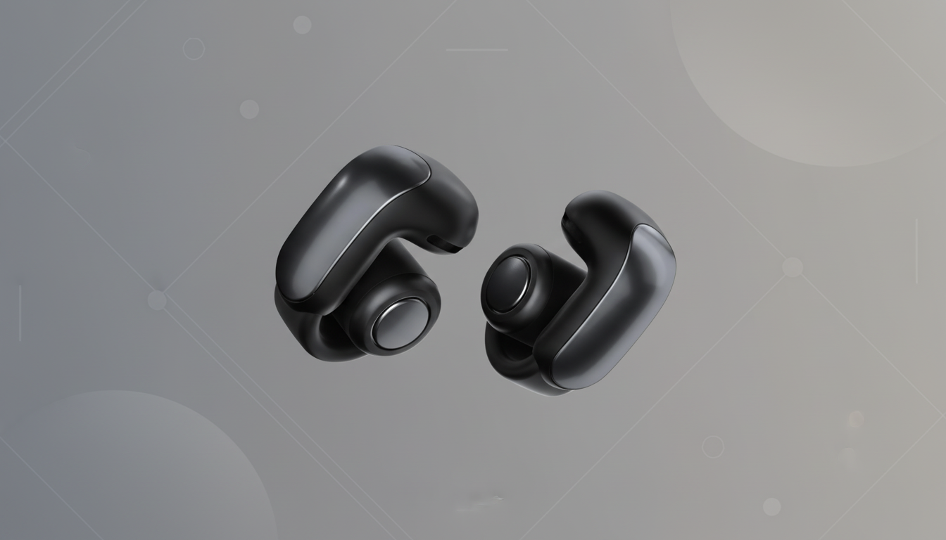 A pair of sleek, black wireless earbuds with a metallic accent, presented on a professional flat design background with subtle geometric patterns and a soft grey gradient.