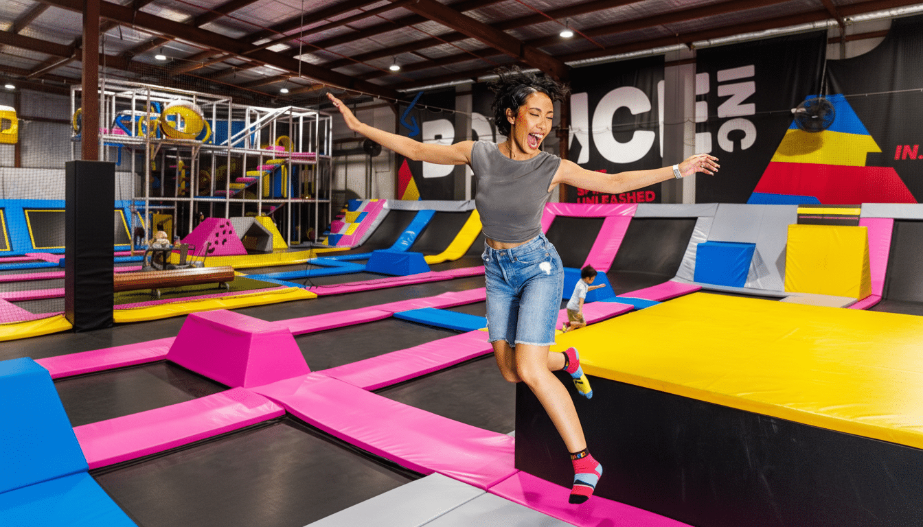 A young woman with short dark hair, wearing a gray top , denim shorts, and colorful socks, is captured mid-air with an open- mouthed expression of joy while jumping on a pink trampoline in a large indoor trampoline park. In the background, other trampolines in blue, yellow, and black are visible, along with a multi -level play structure and the BOUN CE INC logo on the wall.