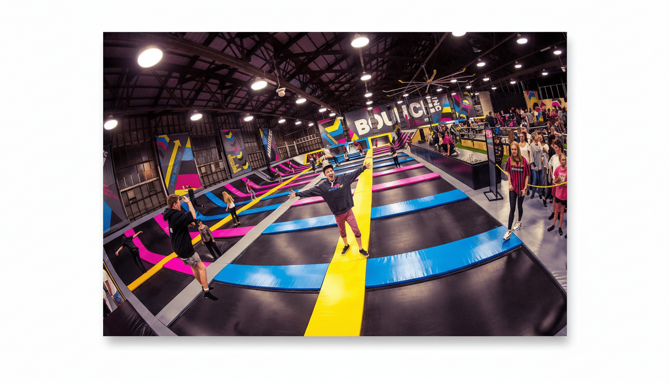 A man with outstretched arms on a black, blue, and yellow trampoline in a large indoor trampoline park. Other people are visible on tramp olines and around the perimeter of the facility .