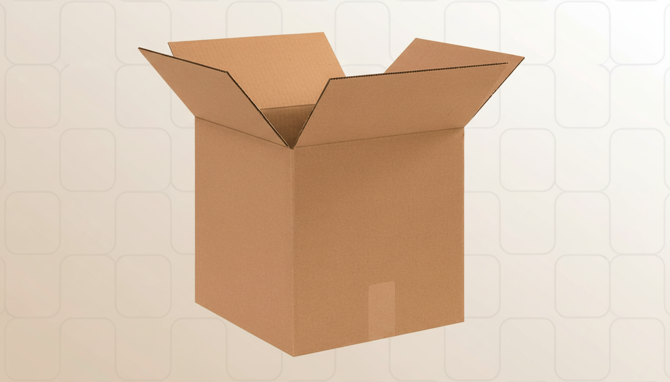 A brown cardboard box with its flaps open, set against a professional flat design background with soft, subtle patterns.