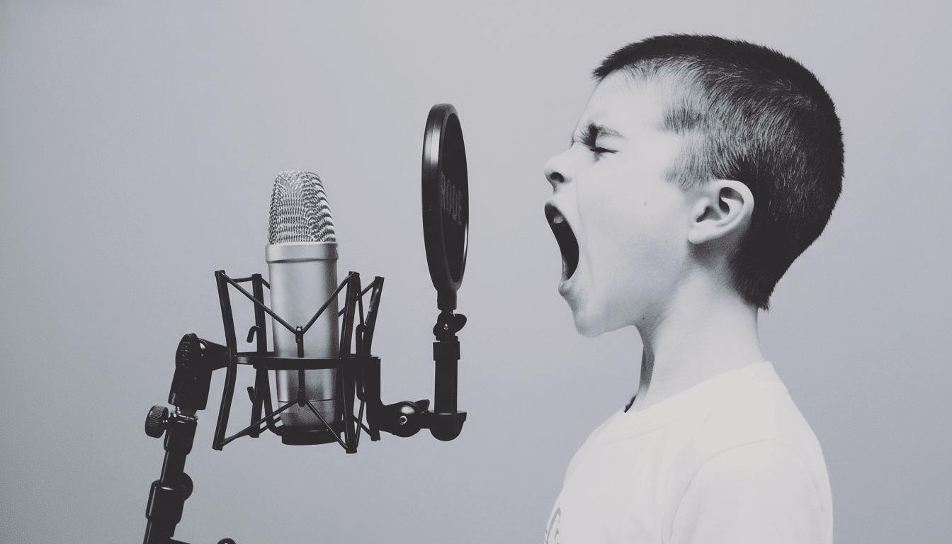 A young boy shouts into a professional studio microphone with a pop filter, against a plain background , resized to a 16: 9 aspect ratio.