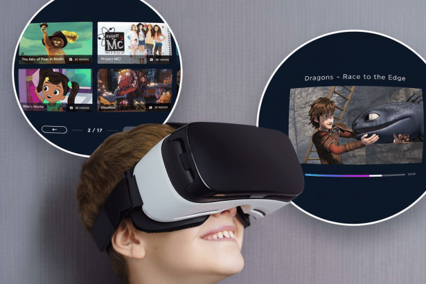 A young boy wearing a virtual reality headset, with two circular screens floating beside him displaying childrens animated shows.