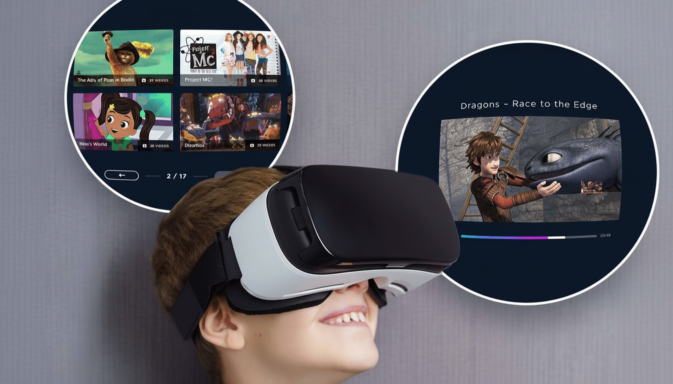 A young boy wearing a virtual reality headset, with two circular screens floating beside him displaying childrens animated shows.