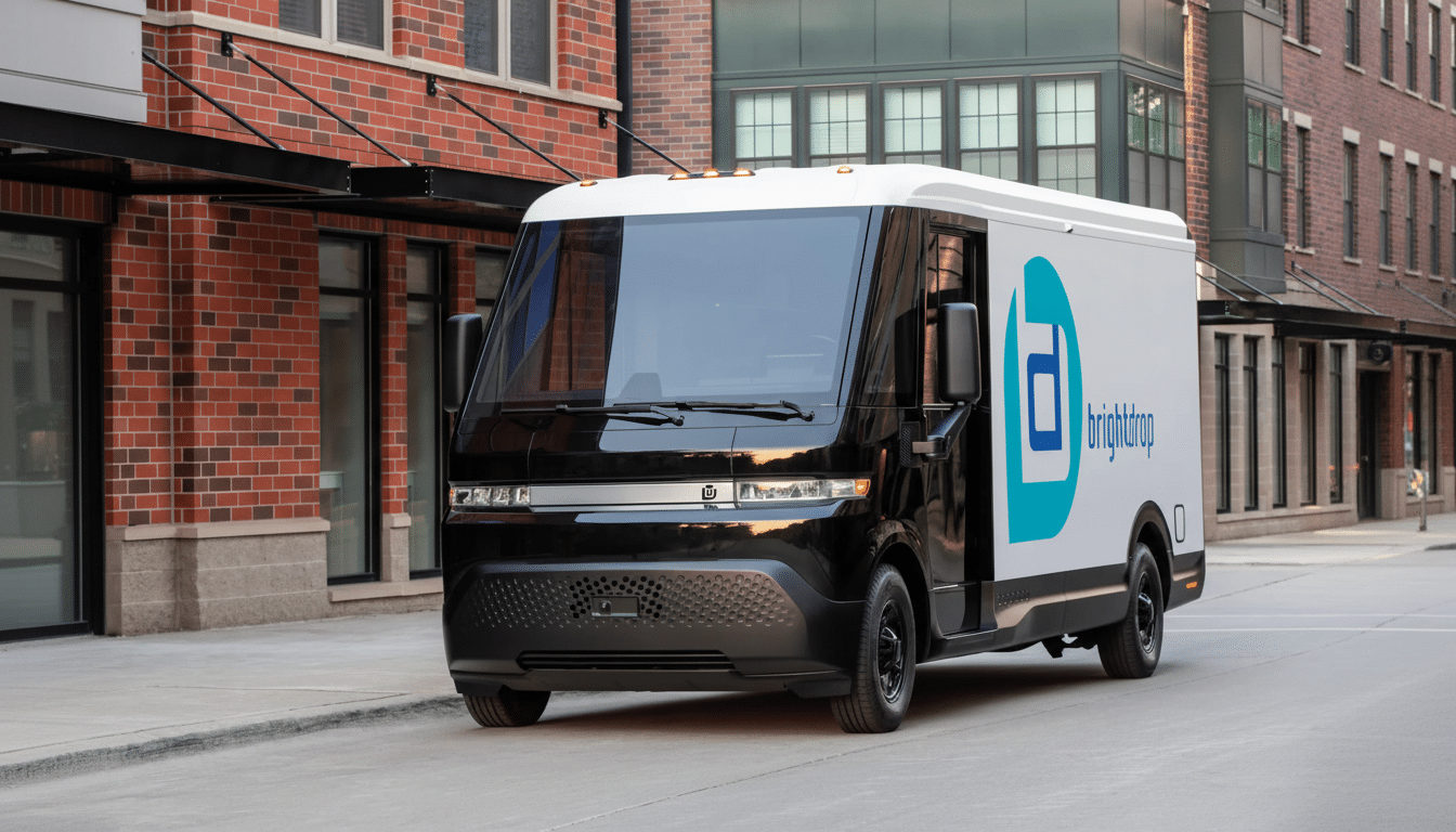 A black and white BrightDrop electric delivery van parked on a city street in front of brick buildings .