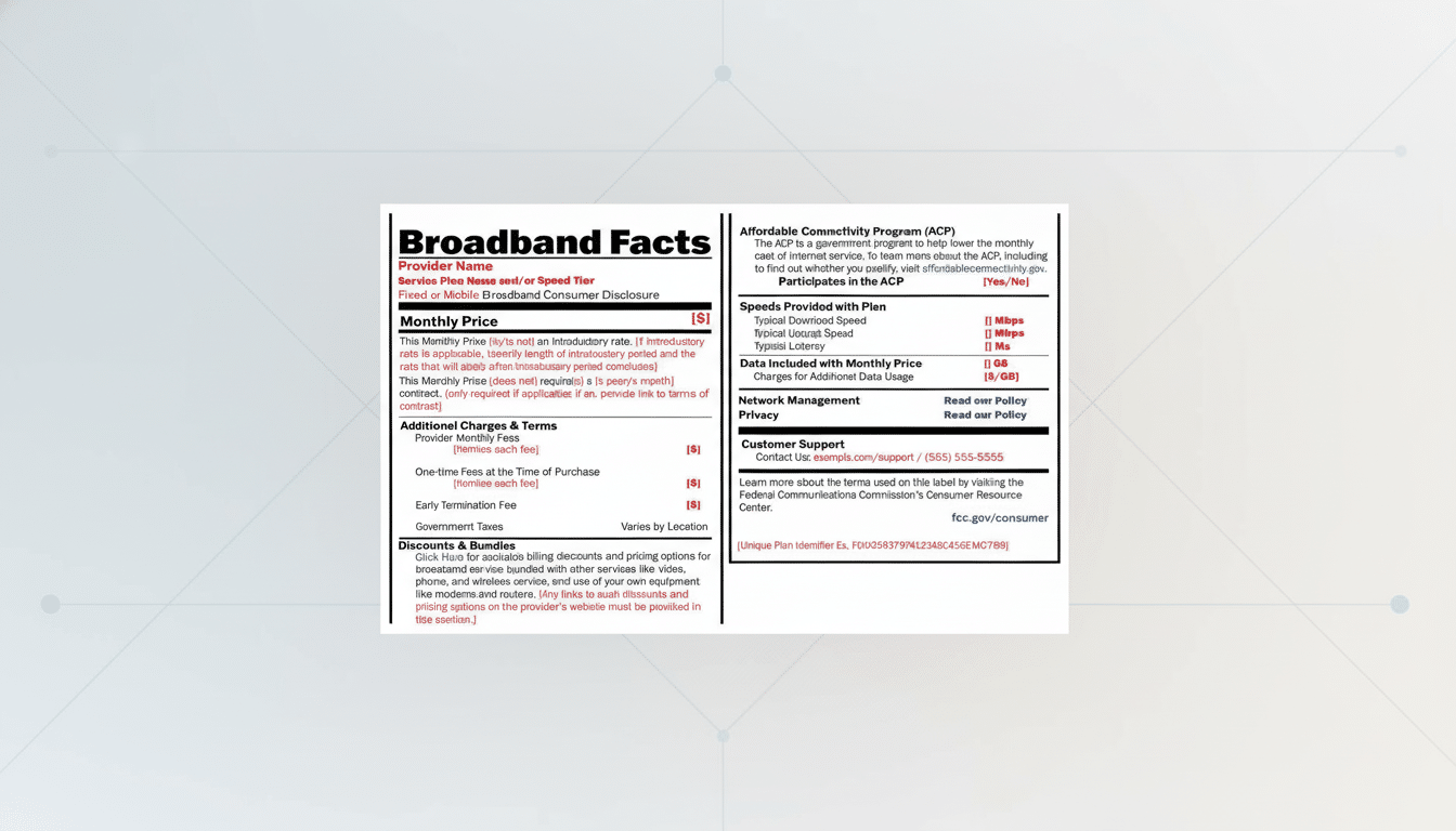 A Broadband Facts label , similar to a nutrition label, presenting information about a broadband service plan on a blue and white gradient background with subtle abstract patterns. Filename : broadbandfacts label.png