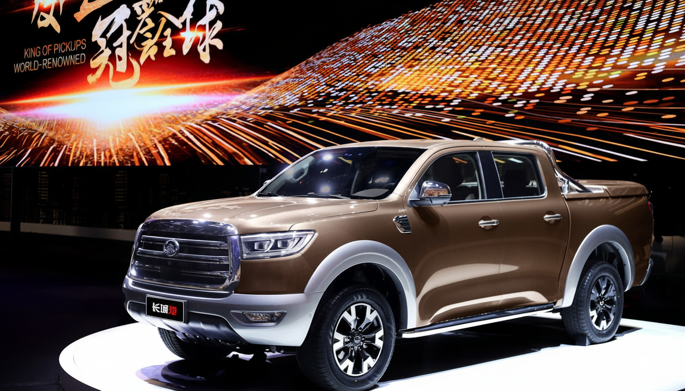 A professional shot of a brown pickup truck with silver accents , displayed on a circular white platform against a dynamic background of warm , stre aking lights and Chinese text. Filename : brownpickup truckdisplay .png
