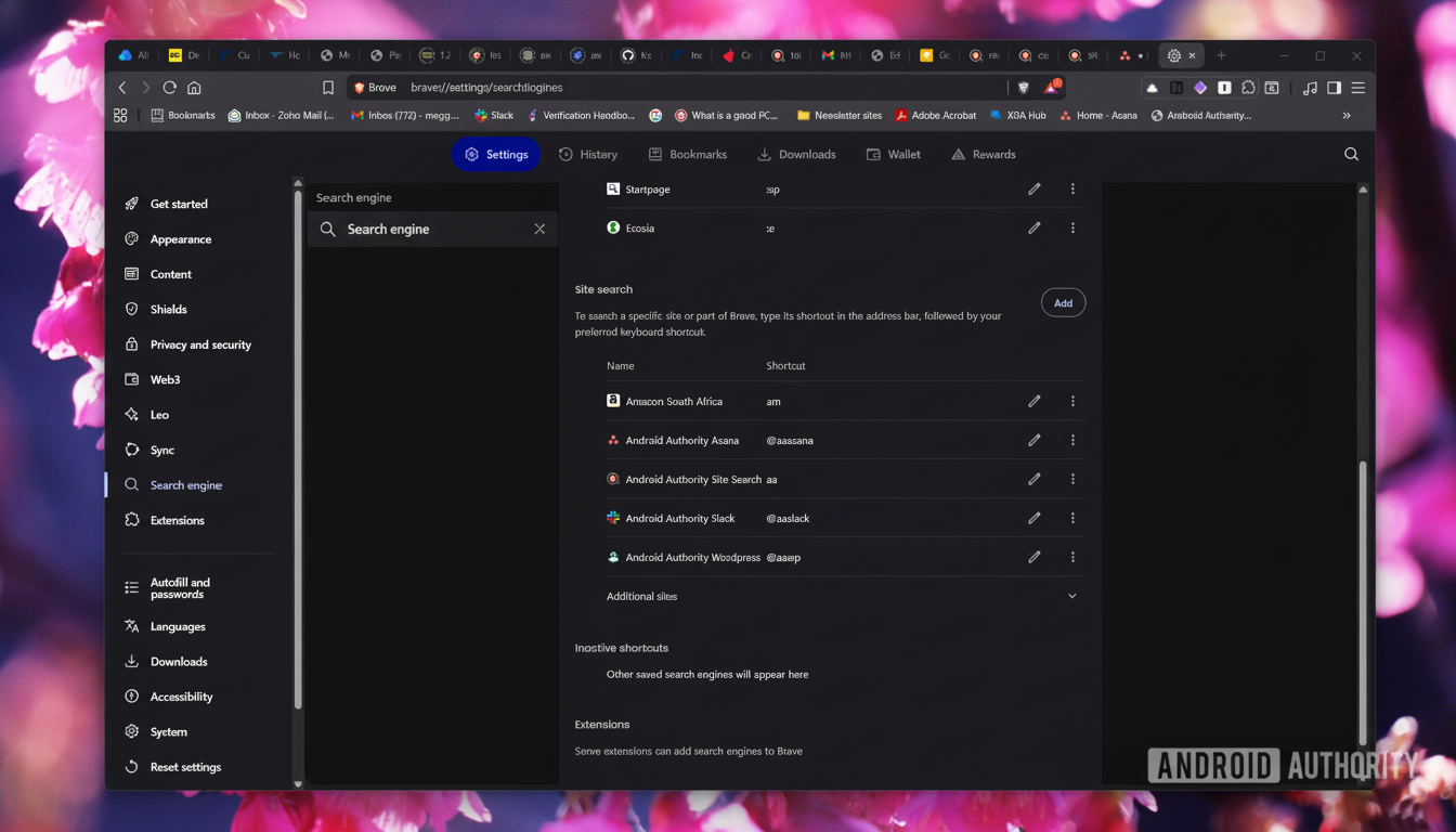 A screenshot of the Brave browsers settings page, specifically the Search engine section, displayed on a desktop with a blurred floral background.