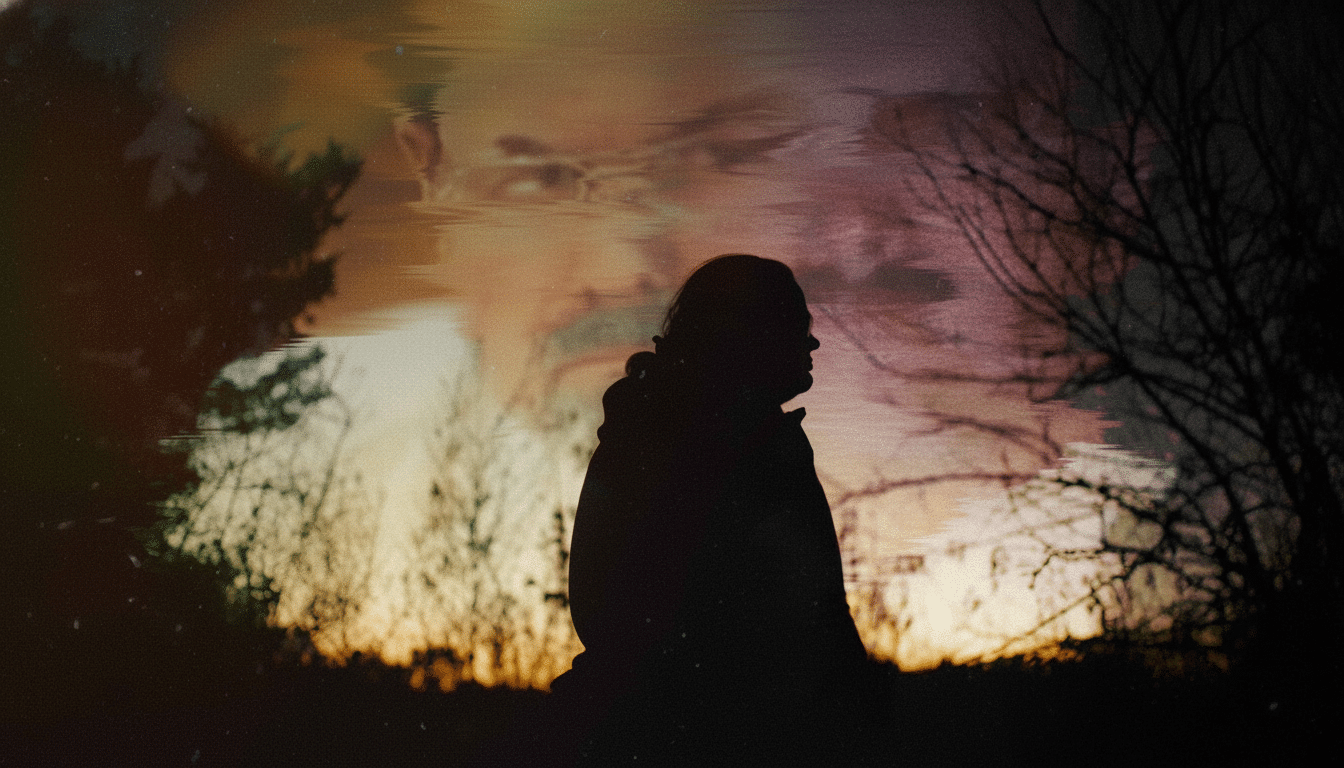 A person in silhouette against a hazy, atmospheric background with trees and a colorful sky. Filename : person silhouetteh azysky. png