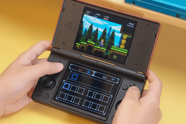 A person 's hands holding a black and red Nintendo DS playing a pixel art platformer game, with the top screen showing gameplay and the bottom screen displaying an inventory.