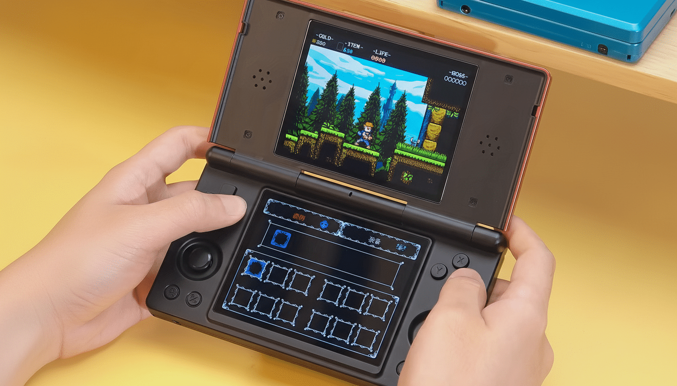 A person 's hands holding a black and red Nintendo DS playing a pixel art platformer game, with the top screen showing gameplay and the bottom screen displaying an inventory.