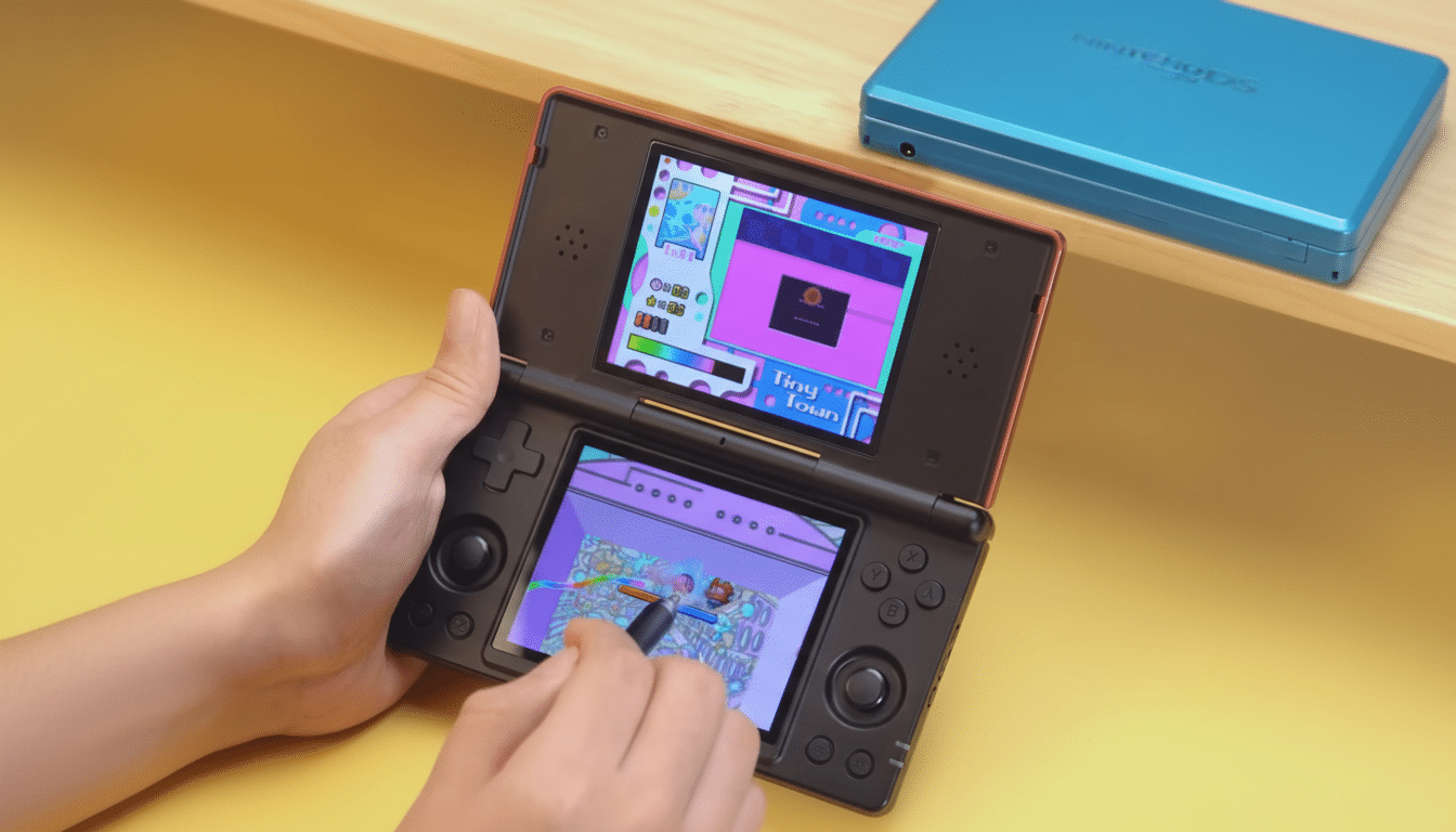 A person 's hands holding a black Nintendo DS Lite console , playing a game called Tiny Town that is displayed across its two screens. The background features a yellow surface and a blue Nintendo DS case.