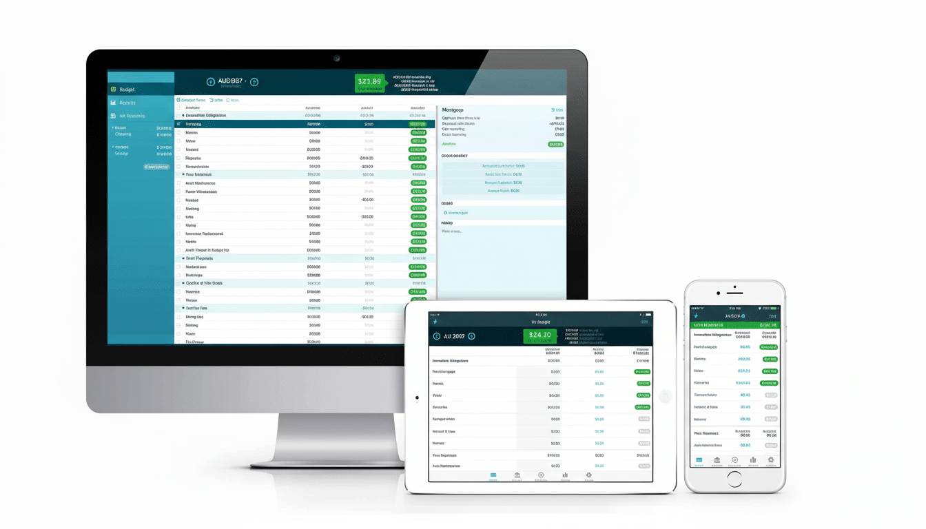 A professional display of a budgeting application across three different devices: a desktop monitor, a tablet, and a smartphone, all showing synchroni