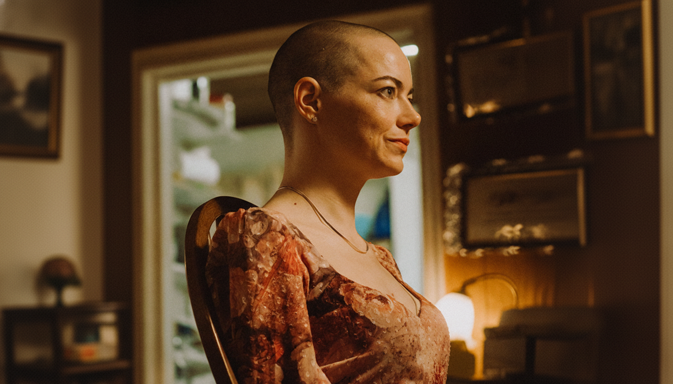A woman with a shaved head, wearing a floral dress and a necklace, sitting in a chair and looking to the right.