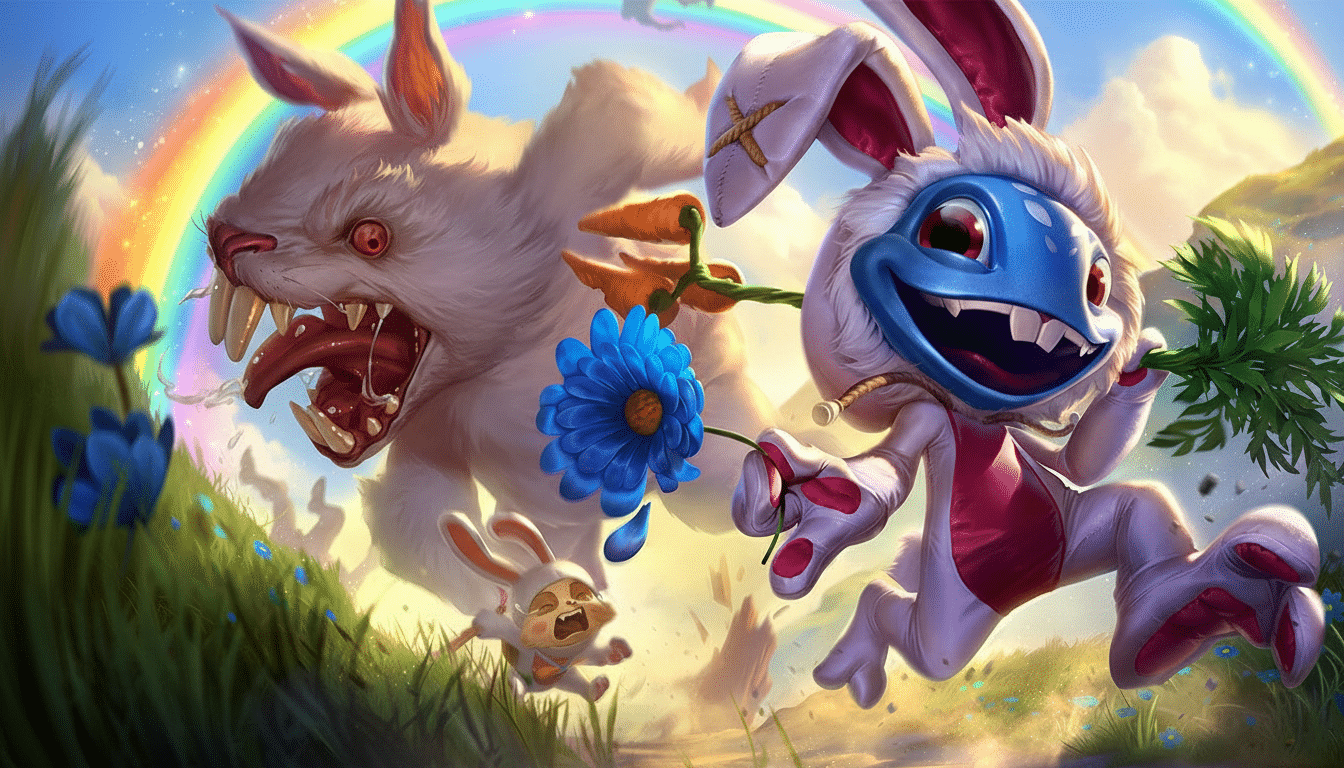 A blue -faced character in a white bunny suit runs joy fully, holding a carrot and a blue flower, with a large, ferocious white rabbit and a small bunny behind it , all under a vibrant rainbow.