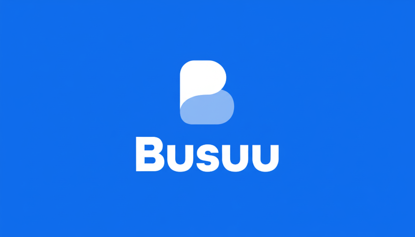 The Busuu logo, featuring a white speech bubble shaped like the letter B with a lighter blue shadow, above the word Busuu in white text, all set against a solid blue background.