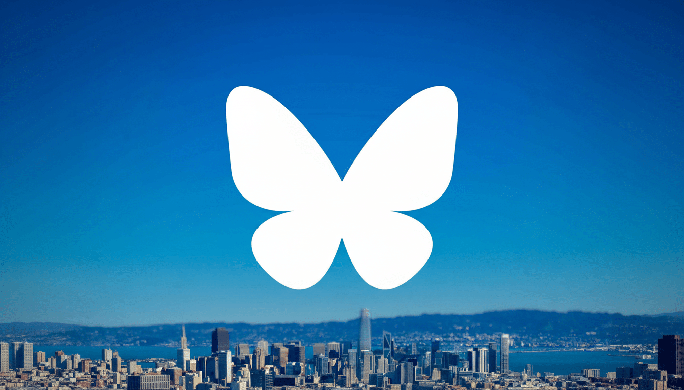 A white butterfly logo ho vers above a clear blue sky, with a city skyline visible below.