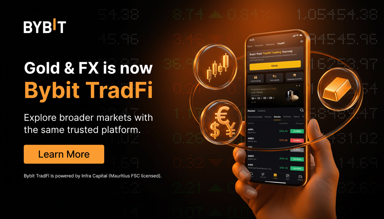 By bit TradFi advertisement showing a smartphone with financial trading app interface and floating icons representing gold bars and currency symbols.